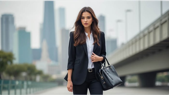 Woman in a tailored black blazer and trousers over a white shirt, carrying a structured black leather bag with top handle. A polished business look featuring a luxury-style work bag.