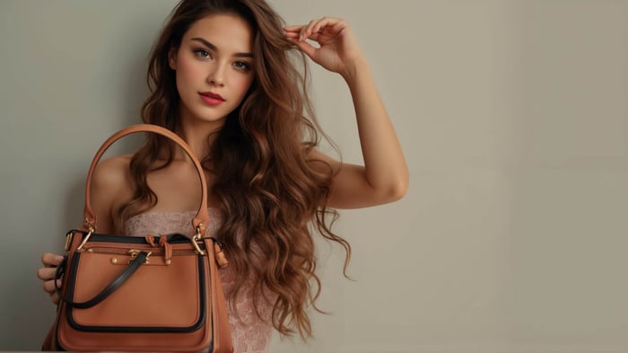 Woman with long wavy brown hair wearing a delicate lace slip dress, holding a structured light brown hand bag with dark trim, gold hardware, and a top zipper. A Kelly-inspired bag styled in an elegant, editorial setting.