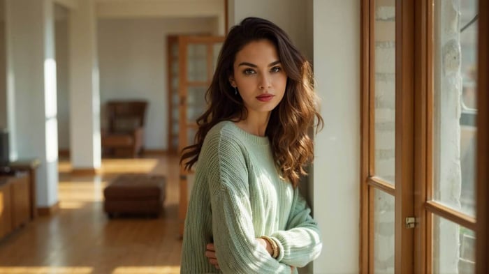 A woman stands inside a modern, sunlit home wearing a warm light green woven Womens Sweater.