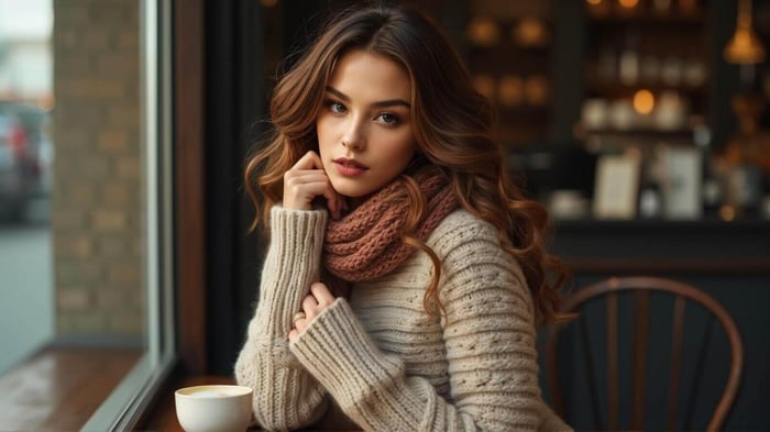 Model wearing the Santori Mimi Sweater — a cozy, neutral womens sweater styled with denim jeans for a chic winter capsule wardrobe look