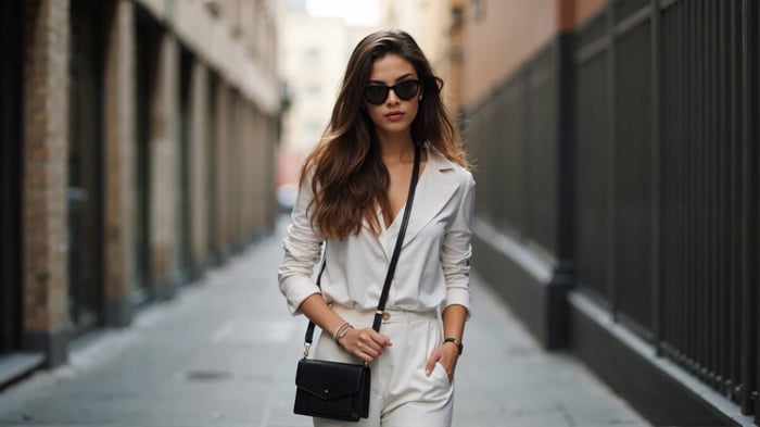 Woman wearing a white suit styled with sunglasses and a chic hand bag, standing on a city street. A minimalist, monochrome outfit elevated with statement accessories.