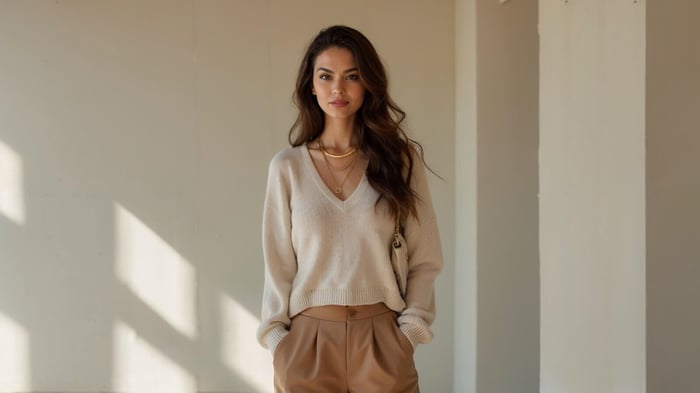 Woman wearing a cropped cream v-neck sweater styled with high-waisted camel trousers — a chic, neutral-toned outfit featured in Santori’s women’s sweaters style guide.