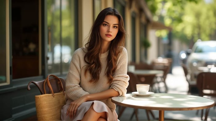 Woman wearing a light beige knit pullover styled with a blush pink skirt — a chic example of how to layer women’s sweaters for a winter-to-spring transition.
