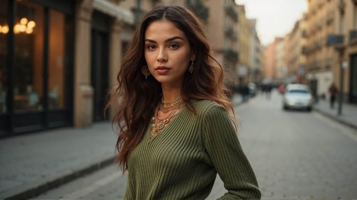 Woman wearing an olive green ribbed v-neck sweater styled with layered gold necklaces — a sleek, minimal outfit from Santori’s women’s sweaters collection for chic warmth without bulk.