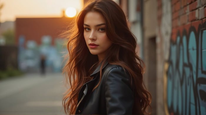 A young woman with wavy auburn hair wearing a sleek black jackets in an urban setting with warm sunset lighting — perfect for winter-to-spring layering.