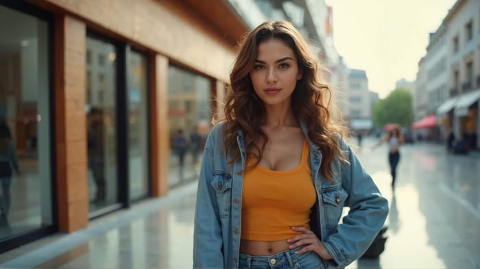 Young woman wearing an orange short sleeve crop top and light blue denim jacket on a city street. This vibrant street style look highlights how tops can be effortlessly styled for any wardrobe