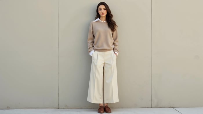 Woman wearing cream wide-leg cropped trousers and taupe sweater layered over a white shirt, styled with brown loafers for a minimalist, elegant outfit