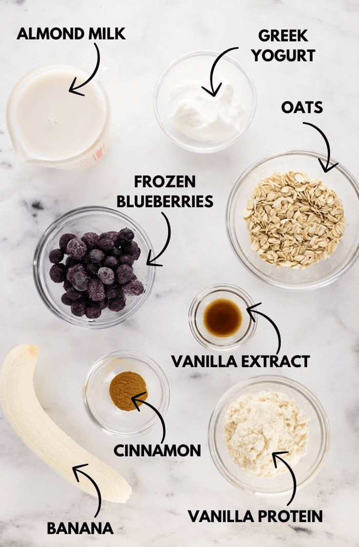 Ingredients for blueberry muffin protein smoothie.