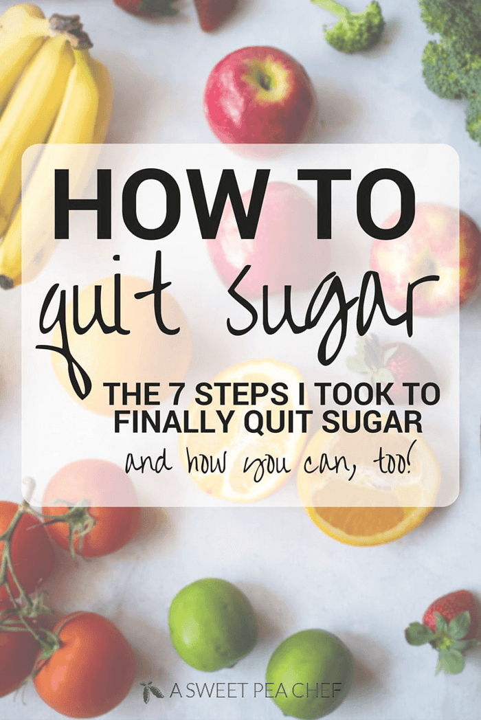 A photo oif fruits and vegetables with the words "How To Quit Sugar" written in the middle.