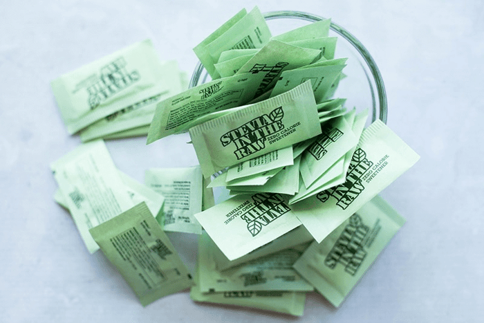 A photo of a clear bowl, inside there are sugar packets.