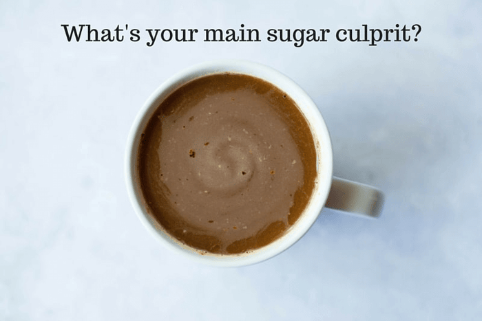 A photo of a drink with the text above it stating "What's your main sugar culprit?".