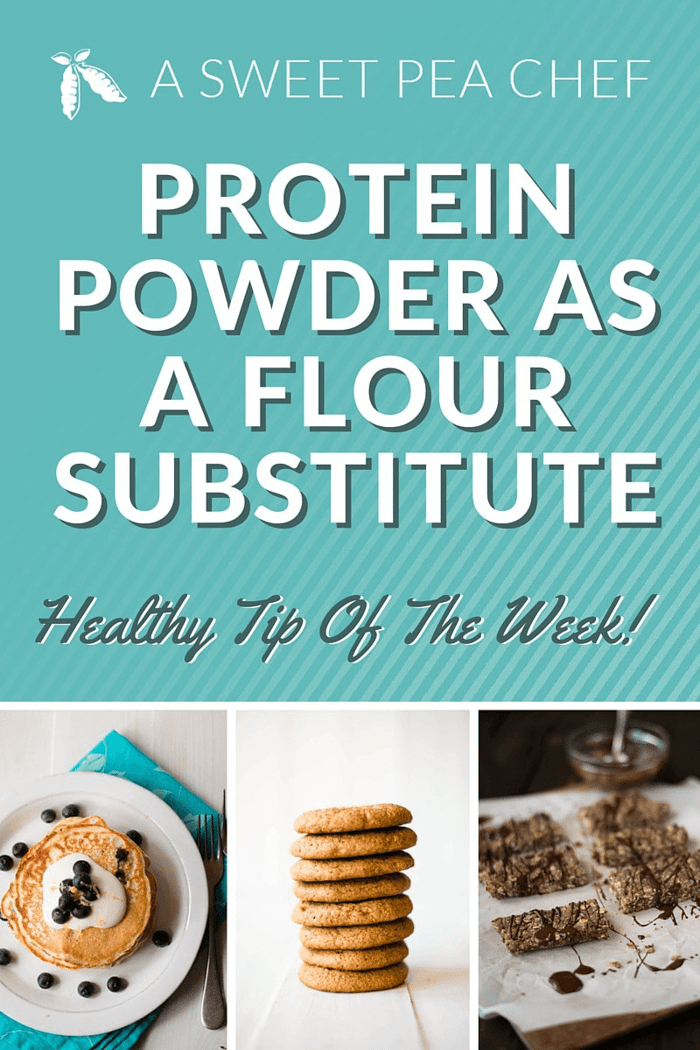 A photo of a blue background with three photos at the bottom, one with pancakes, one with cookies, and one with bars. With the words in the blue background saying "Protein Powder As A Flour Substitute".