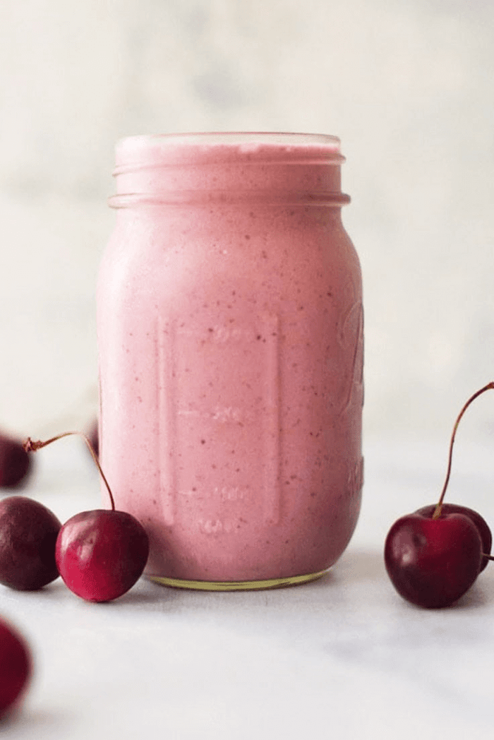 A photo of a finished and plated cherry vanilla smoothie.