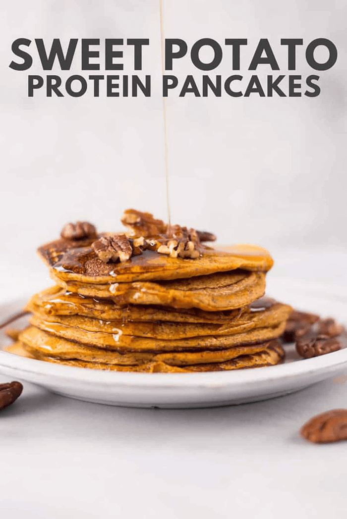 A photo of sweet potato protein pancakes plated and ready to eat.