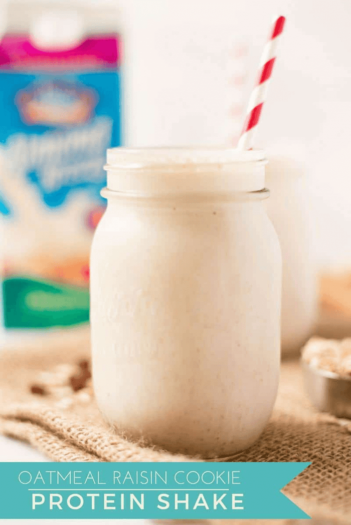 A photo of a plated oatmeal raisin cookie protein shake.
