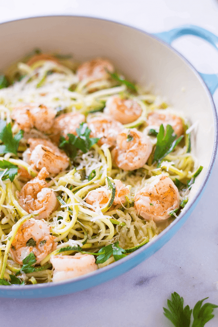 An image of a finished and ready to eat healthy shrimp scampi