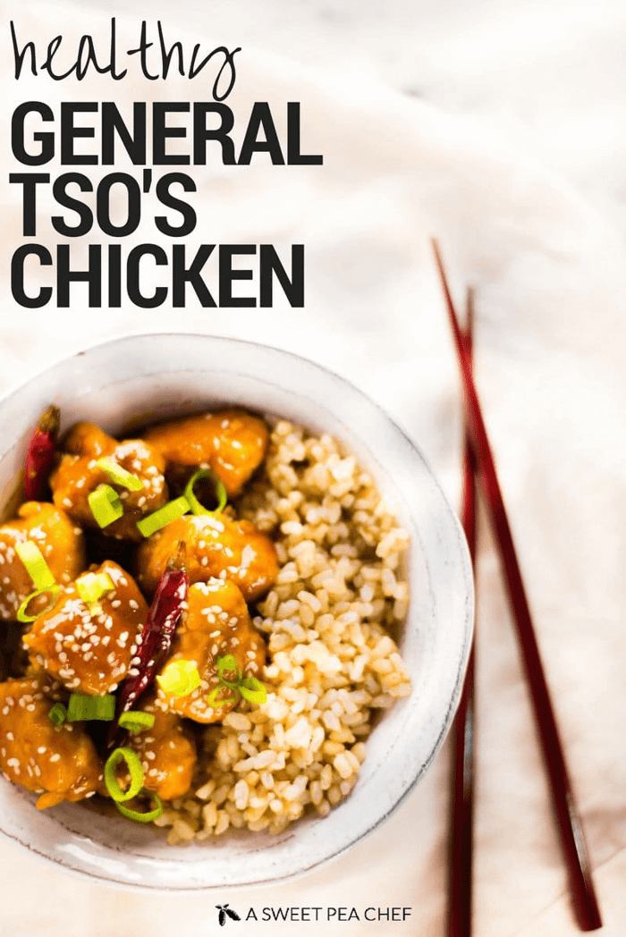 A photo titled healthy general tso chicken showing a plated and ready to eat healthy general tso's chicken. 