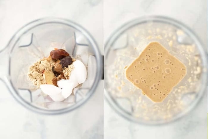 Two photos side by side one shows ingredients for an apple crisp protein smoothie before being blended, the other shows that same blender full of ingredients but after being blended.