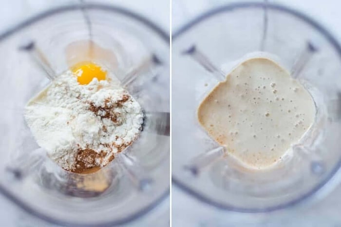An image with two photos, one with unblended ingredients for banana protein pancakes, the other after it has been blended.