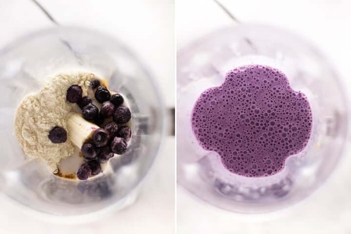 Two photos side by side with the one on the left that has the ingredients for this blueberry smoothie unblended, the other photo shows those same ingredients but after being blended.
