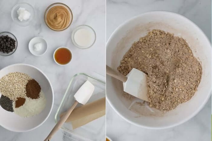 Two images side by side, the one on the left shows ingredients for chocolate peanut butter bars, the other on the right shows those ingredients after being mixed. 