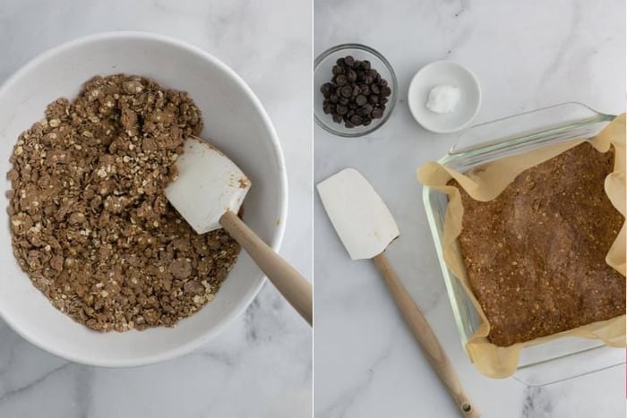 Two images side by sid eone shows the ingredients for chocolate peanut butter bars mixed and the photo on the right shows that mixture firmly pressed down into a baking dish. 