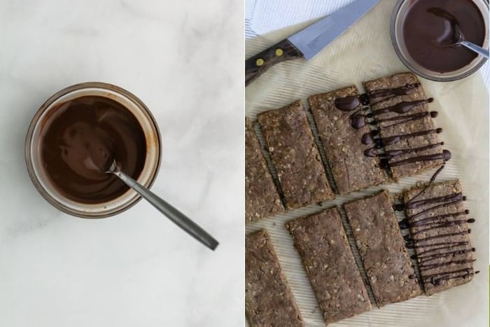 Two images side by side the image on the left shows melted chocolate in a bowl, the other shows that same chocolate being drizzeled over the chocolate peanut butter protein bars.