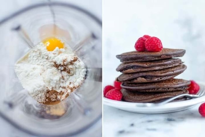 Two photos in a grid, one with a blender full of ingredients for chocolate protein pancakes, the other with a completed version of chocolate protein pancakes.