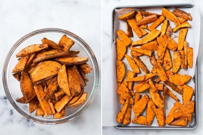 Two photos side by side one with cooked potato wedges inside a bowl the other with those wedges on a baking sheet.