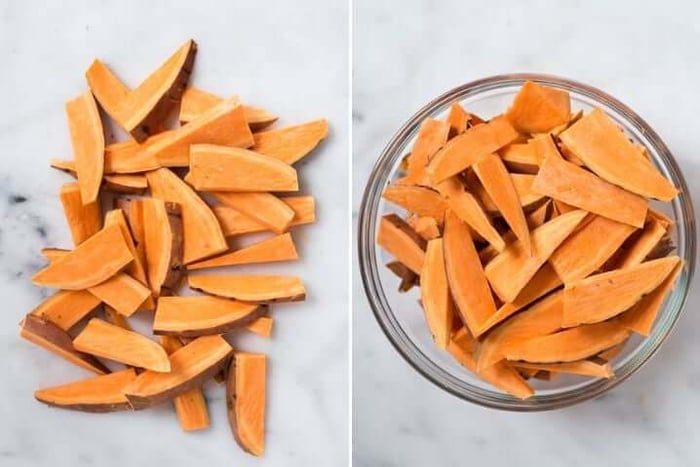 Two photos side by side, one with raw sweet potatoe wedges the other with those same wedges inside a clear bowl.