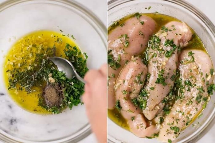 Two images side by side both showing how to make healthy grilled chicken.