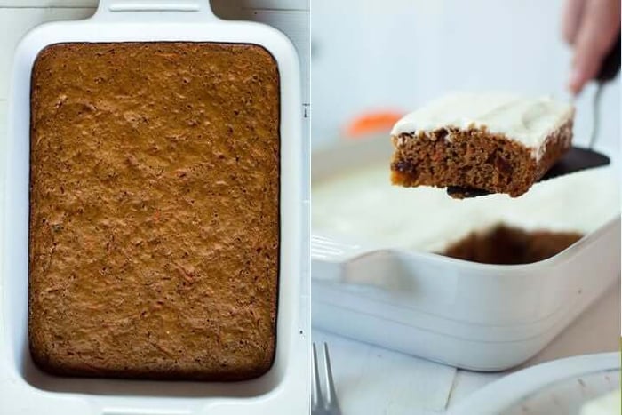 Two images side by side, the one on the left shows a baked tray of healthy carrot cake recipe in a white baking dish, the other shows a finished plated and ready to serve healthy carrot cake recipe.