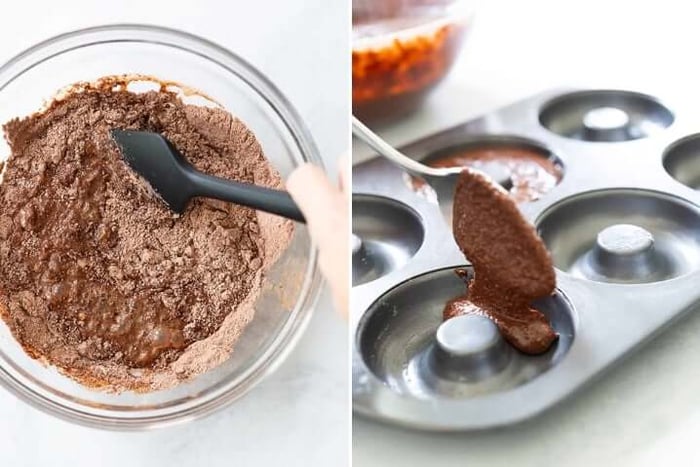 Two photos, one with mixing the wet and dry ingredients for Healthy Chocolate Donuts in a clear bowl. The other with the mixture getting poured into a greased donut pan.