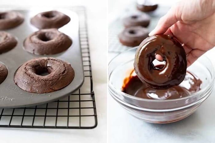 Two photos one with fresh Healthy Chocolate Donuts out of the oven, the other with the Healthy Chocolate Donuts getting dipped in a chocolate glaze.