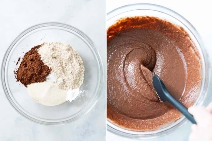 Two photos, one with all the ingredients for Healthy Chocolate Donuts in a clear bowl unmixed. The other with all the wet ingredients mixed together in a clear bowl.
