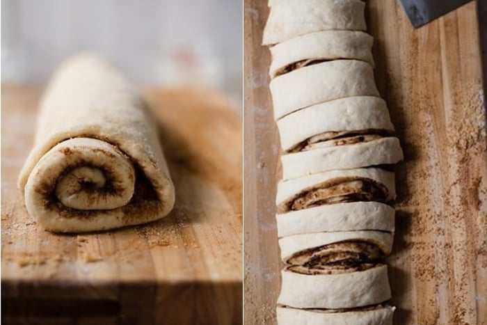 Two photos side by side both are showing a rolled up cinnamon roll uncooked, the second photo shows the same roll but after being cut into pieces.