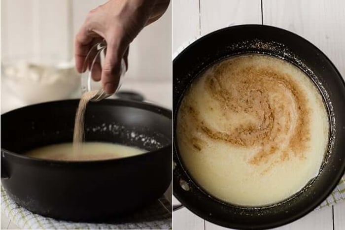 Two images both showing how to prepare the yeast mixture for healthy cinnamon rolls.