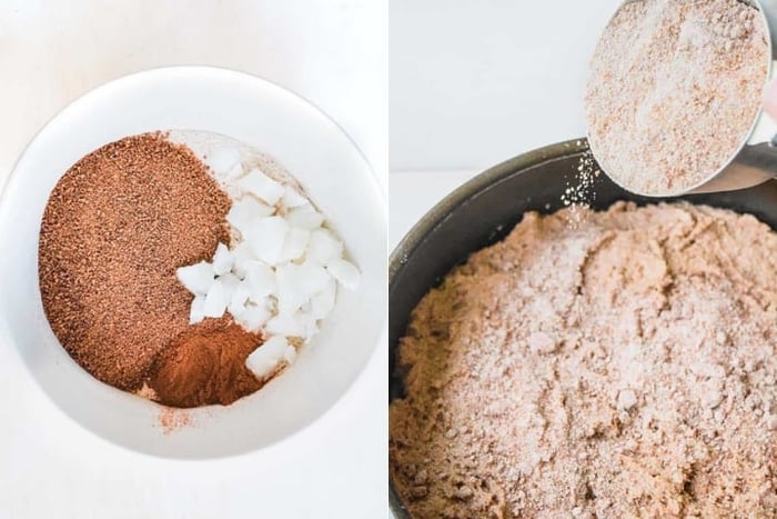 Two images side by side, the first image shows ingredients for the streusel together unmixed in an bowl, the second photo shows the ingredients in a bowl unmixed for the coffee cake. 
