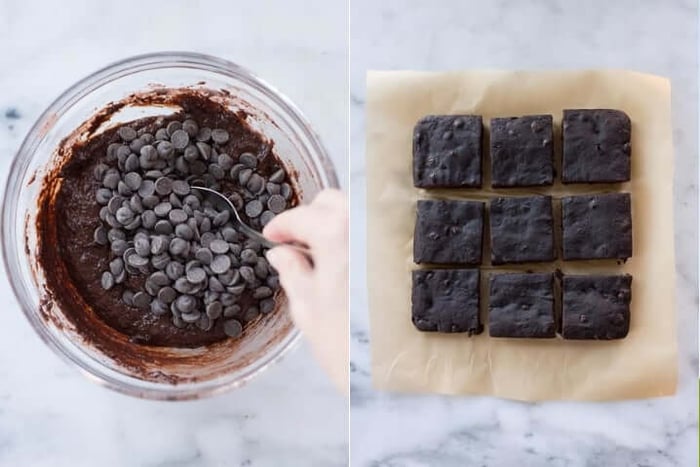 Two photos side by side one shows both the batter for healthy dark chocolate brownies having chocolate chips being folded into the mixture. The other photo shows the healthy dark chocolate brownies cut into 9 pieces and being set out to cool.