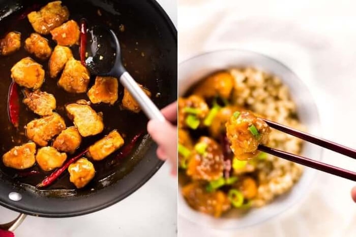 Two photos side by side one shows tso chicken cooking in a pan, the other shows the finished cooked and ready to eat general tso's chicken.