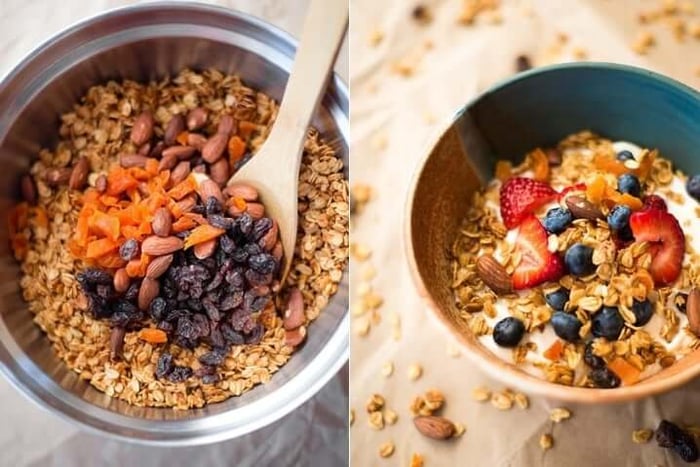 Two photos side by side one shows healthy granola recipe getting mixed, the other shows a finished version of the healthy granola on top of a bowl of yogurt.