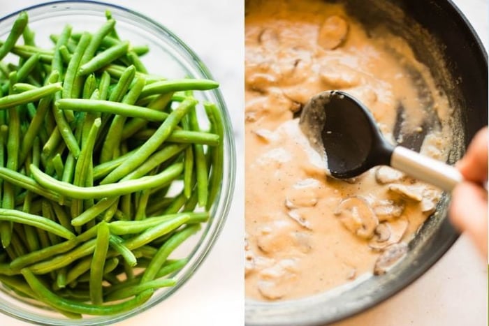 Two photos side by side, one shows washed green beans ready to be cooked, the other shows a mushroom sauce getting stirred in a pan.