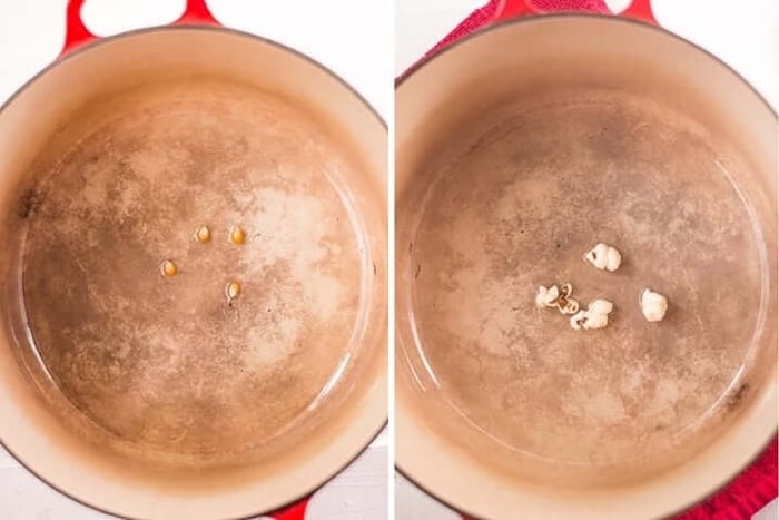 Two photos side by side, the first image shows a dutch oven with 4 unpopped kernels, and the other photo shows 4 popped kernels.
