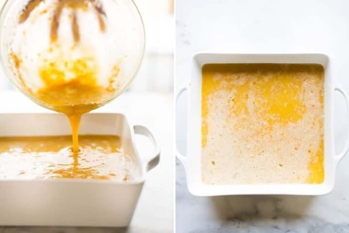 Two photos side by side one with the healthy lemon bar mixture being poured into a square pan, the other shows that same liquid only after being poured into the pan.