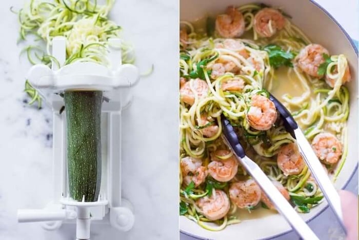 Two photos side by side one with a zucchini on a spiralizer. The other photo shows healthy shrimp scampi getting cooked on a stove.