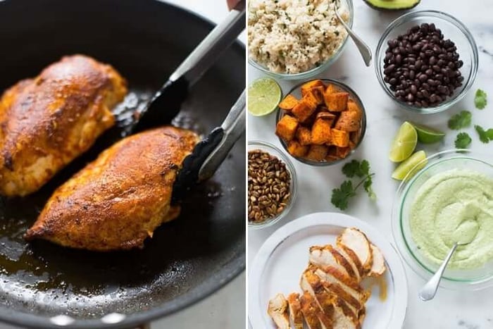 Two photos side by side the one on the left has chicken cooking, while the one on the right has plated ingredients for the high protein chicken bowls.