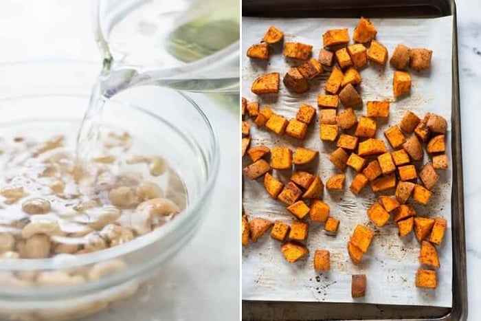 Two photos side by side, the one on the left has cashews soaking in a bowl of water, the one on the right has baked sweet potato cubes on a baking sheet.