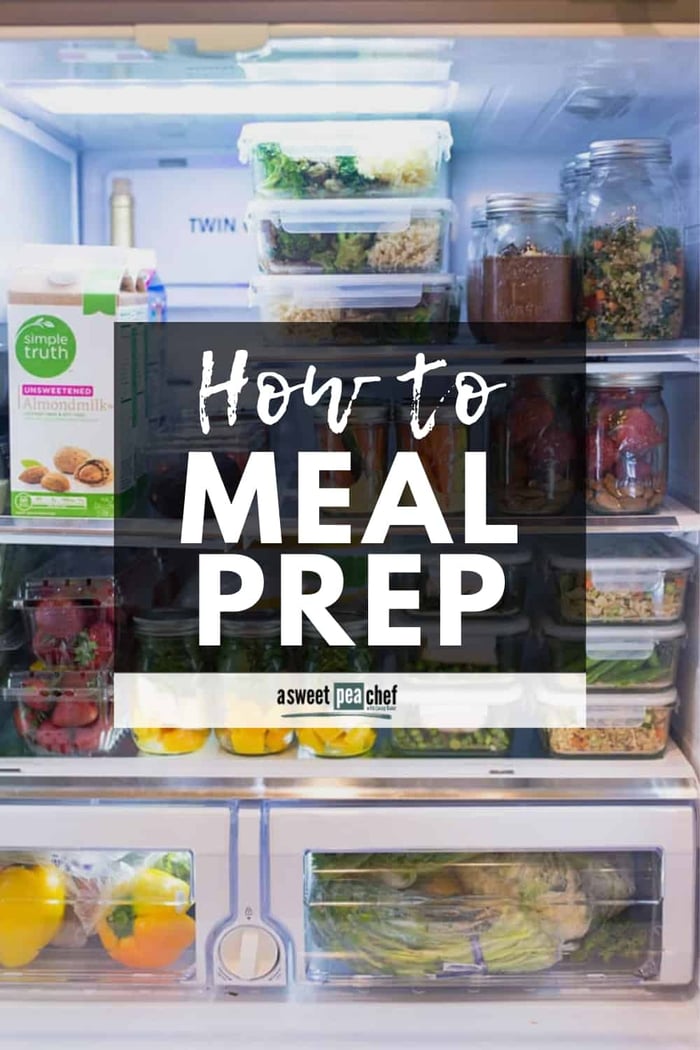 refrigerator stocked with meal prepped meals and the words How to Meal Prep