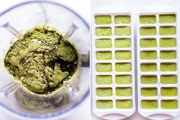 Two photos side by side, the first image has ingredients for matcha frozen yogurt in a blender unblended, the other photo has matcha frozen yogurt mixture poured into ice cube trays.