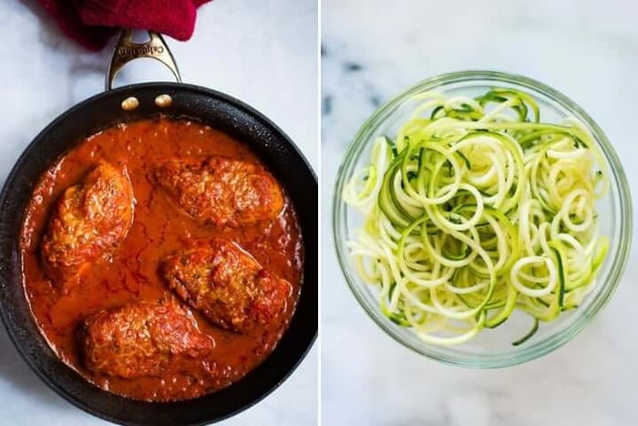 Two photos side by side, one with browned chicken covered in tomato suace, the other with a bowl of zucchini noodles.